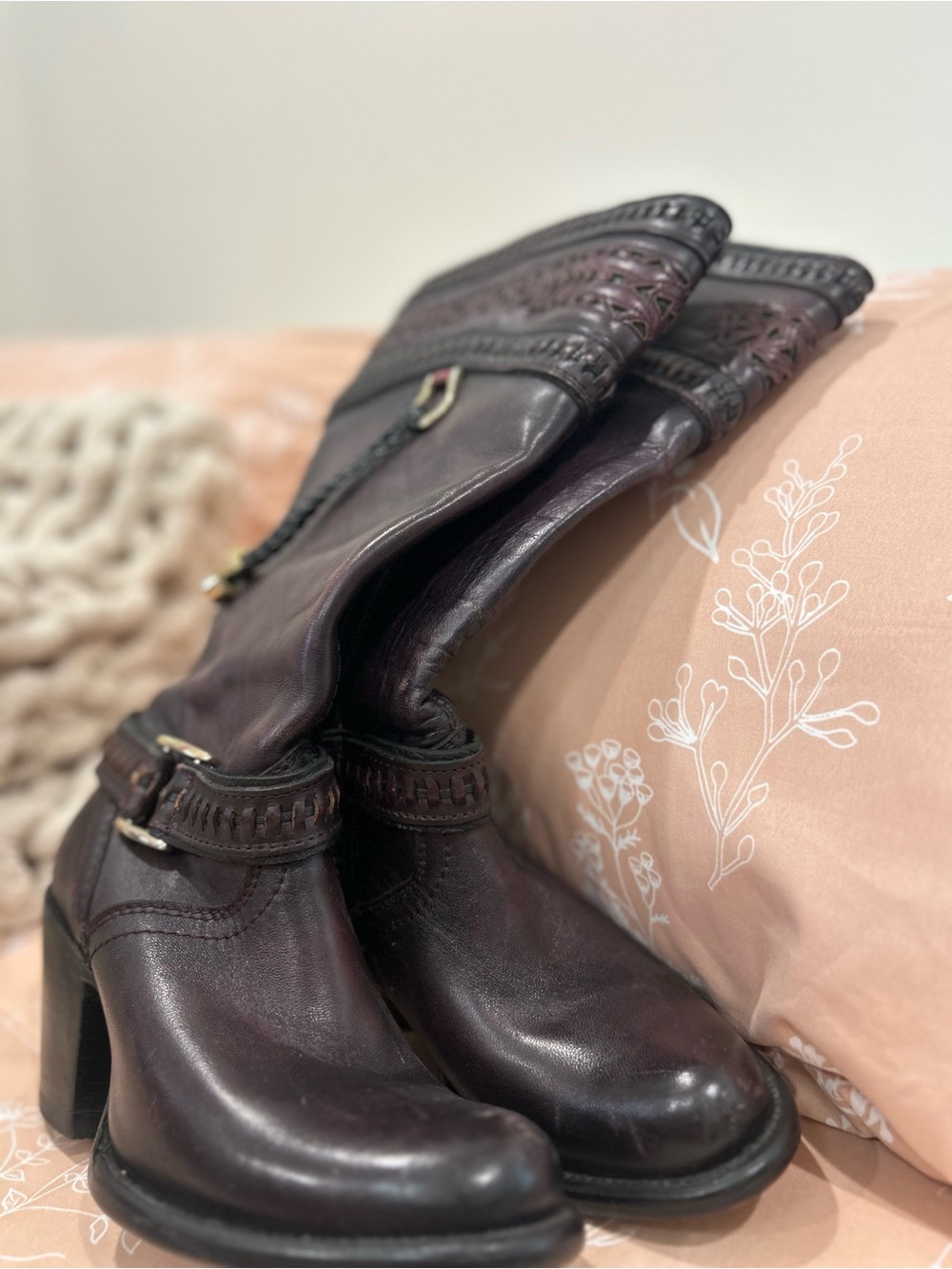 Women's Burgundy Leather Mid-Calf Heeled Boots with Buckle Detail